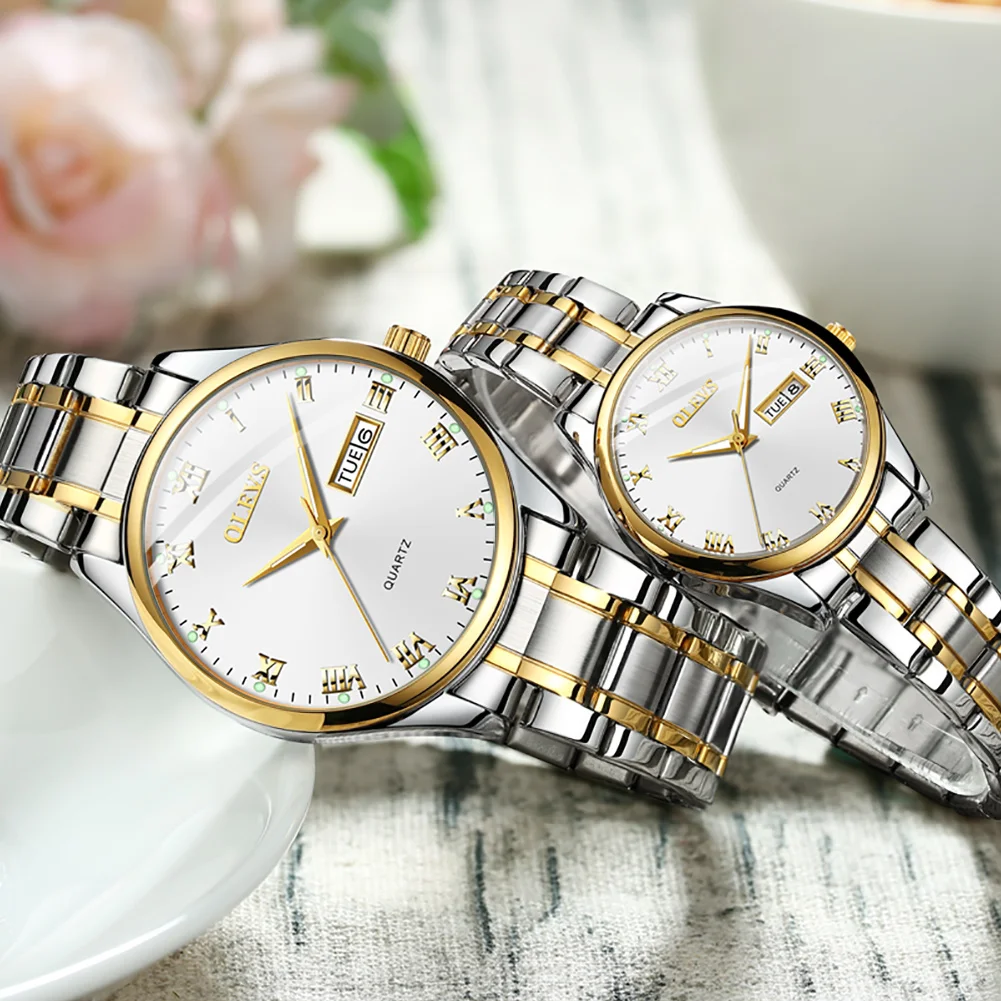 

OLEVS Couple Watch Two Tone Stainless Steel Band Fashion His and Her Quartz Wristwatch Set For Lovers One Pair 5568 Gold White