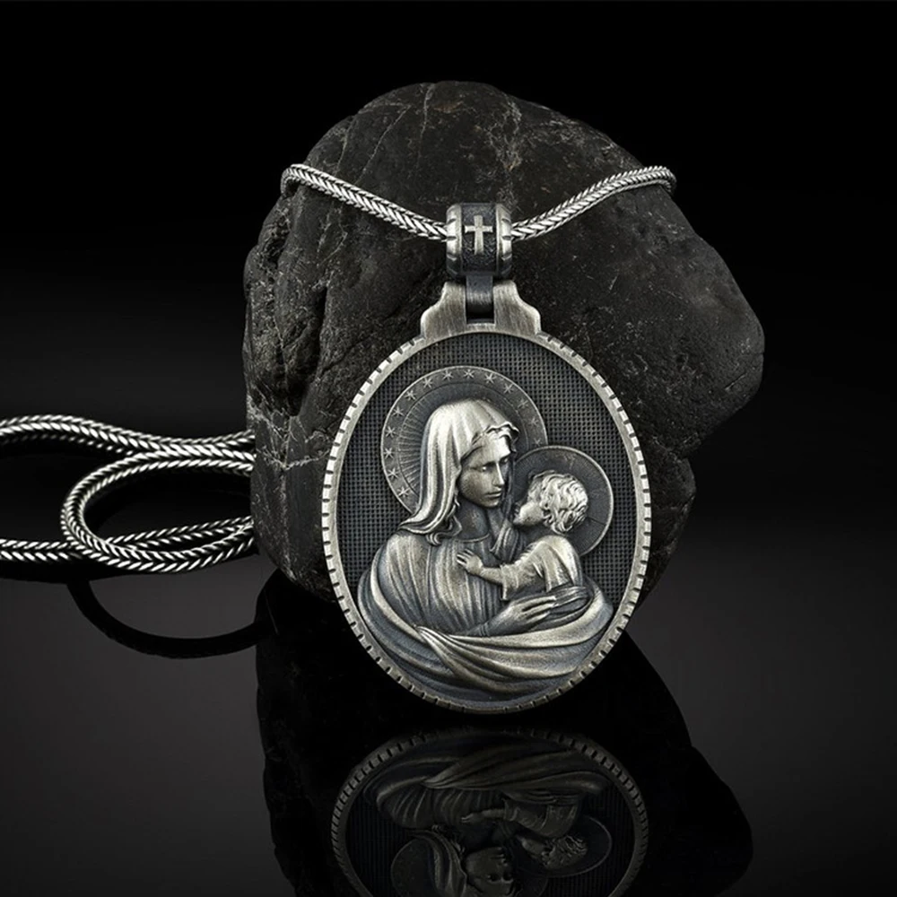 Colgante de Dios de estilo europeo y americano, collar cristiano Vintage de la Virgen María, abrazando al bebé, Medalla Conmemorativa de Jesús