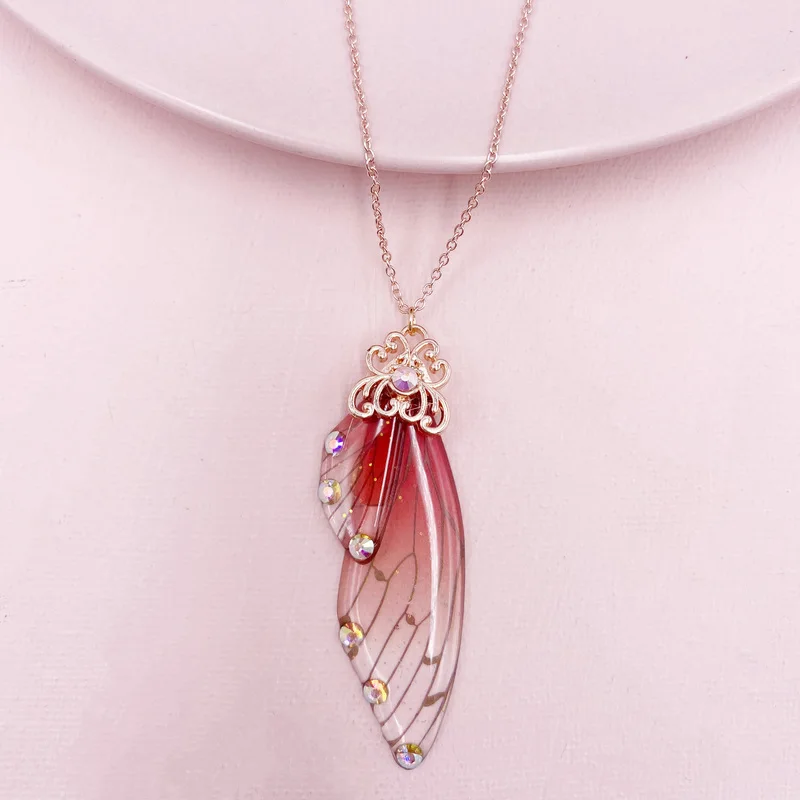 

Handmade Fairy Clear Resin Butterfly Pendant Necklaces for Women Female Transparent Gradient Red Rhinestone Choker Necklace