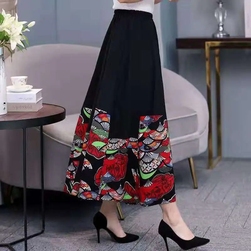 

Cotton And Linen Skirt Women Four Meter Big Swing Female Retro Ethnic Style Stitching Print Dancing Mid-Length Skirt Falda zh202