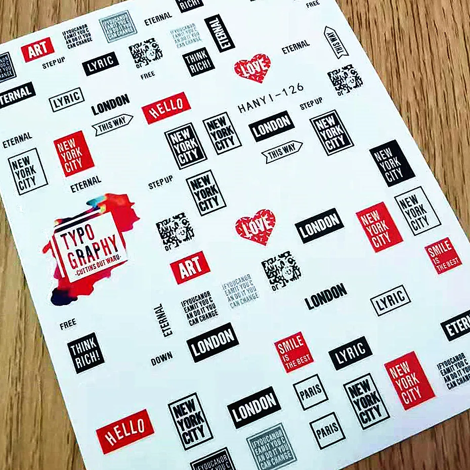 

Newest hanyi 126 lable letter pattern 3d back glue DIY decal decoration design nail sticker art accessory