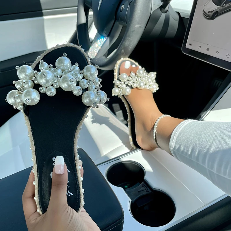 

Women Sandals Summer Shoes Flat Pearl Sandals Comfortable String Bead Slippers Bohemian Style Casual Sandals Beach Shoes