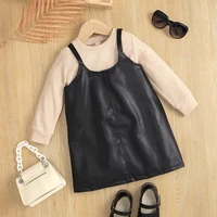 fashion kids clothes girls sets knitted sweater tops faux leather overalls dress set children clothing fall toddler girl outfits