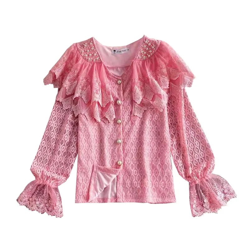 

Spring Autumn New Temperament Ruffled V-neck Hollow Long Sleeve Lace Shirt Fashion Lantern Sleeve Top UK679