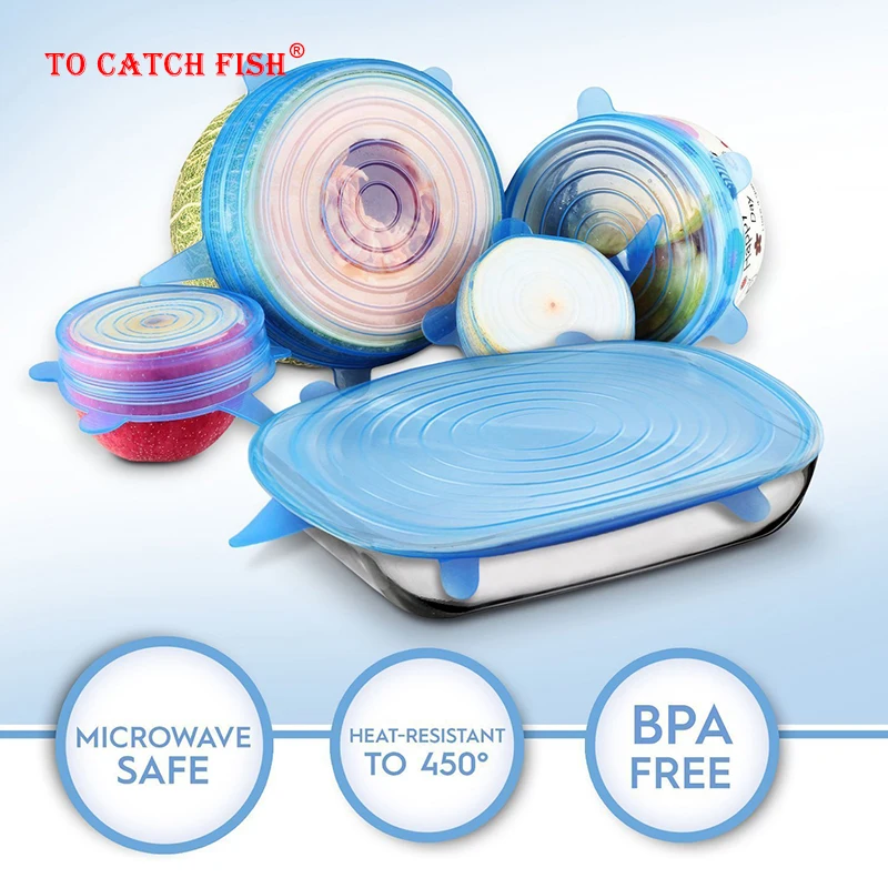 6 шт./компл. многоразовые силиконовые растягивающиеся крышки универсальная