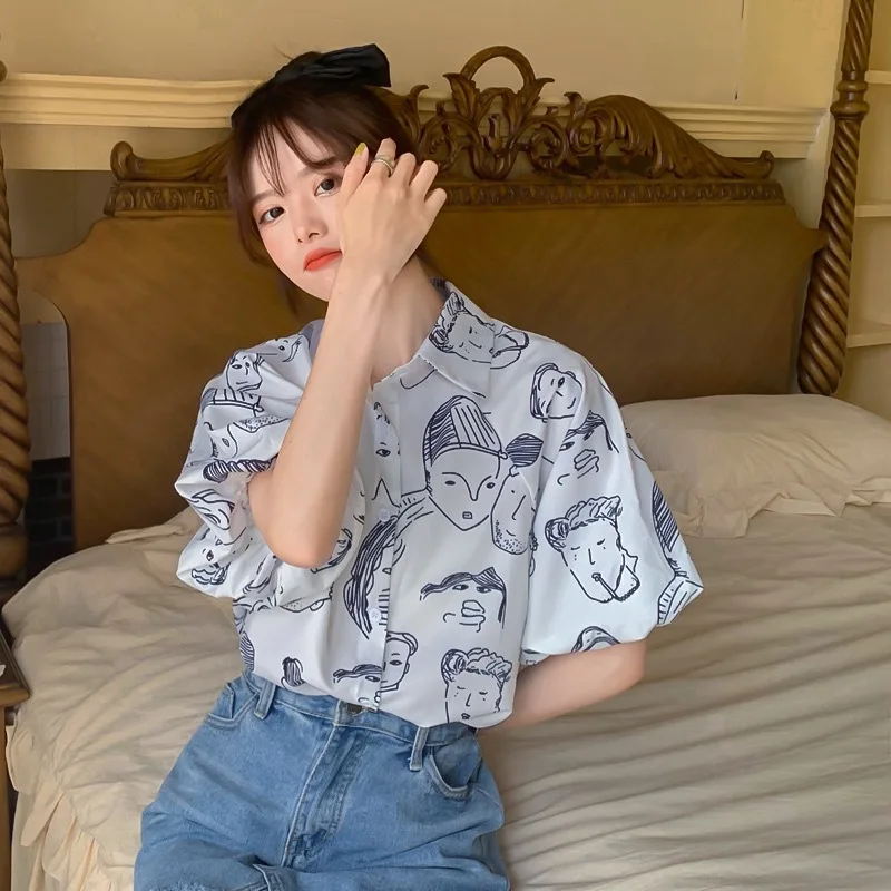 

Summer print turn down collar puff sleeve top blouses chiffon slim cotton tops retro temperament shirts for women fashion