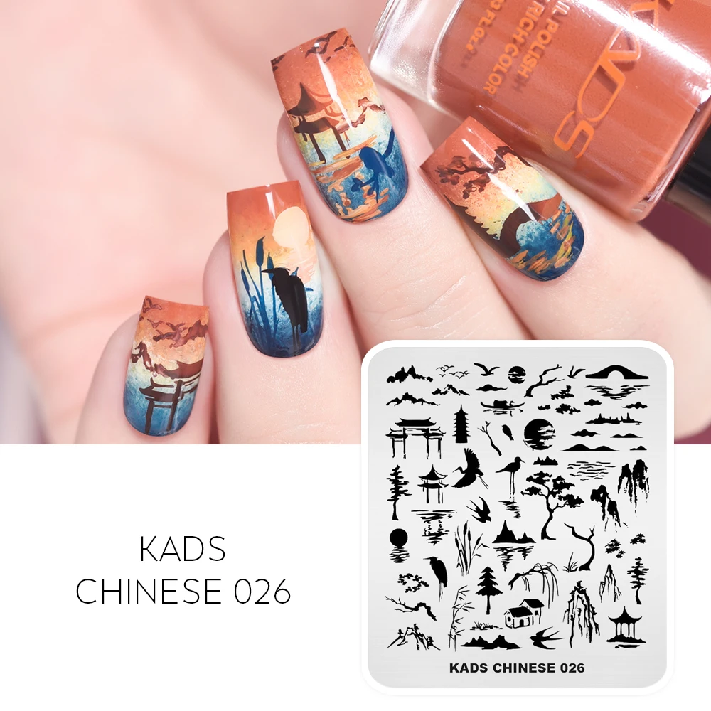 Штамповочная пластина в китайском стиле для ногтей с изображением гор реки