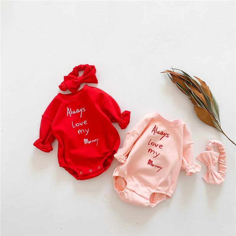 

Cute 2Pcs Infant Casual Outfits, Toddler Letter Embroidery Pattern Long Sleeve Round Neck Playsuit + Bow Headband, 0-24Months