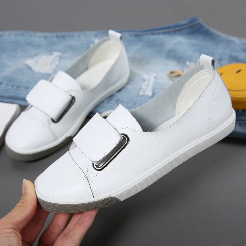 Белые кожаные туфли с пряжкой Женская обувь в Корейском стиле волшебными