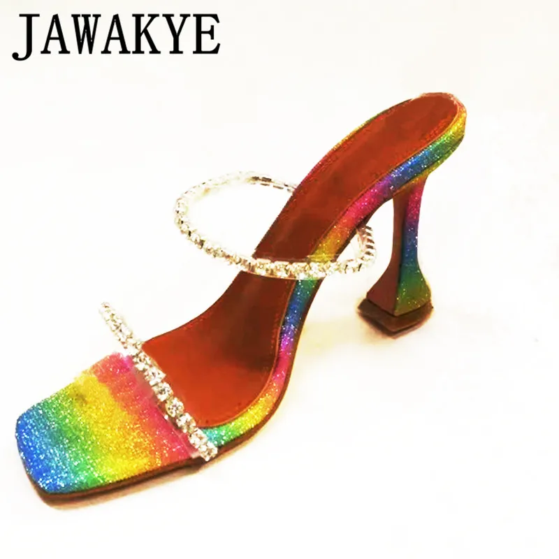 Сандалии гладиаторы на высоком каблуке с радужным кристаллом|Боссоножки и