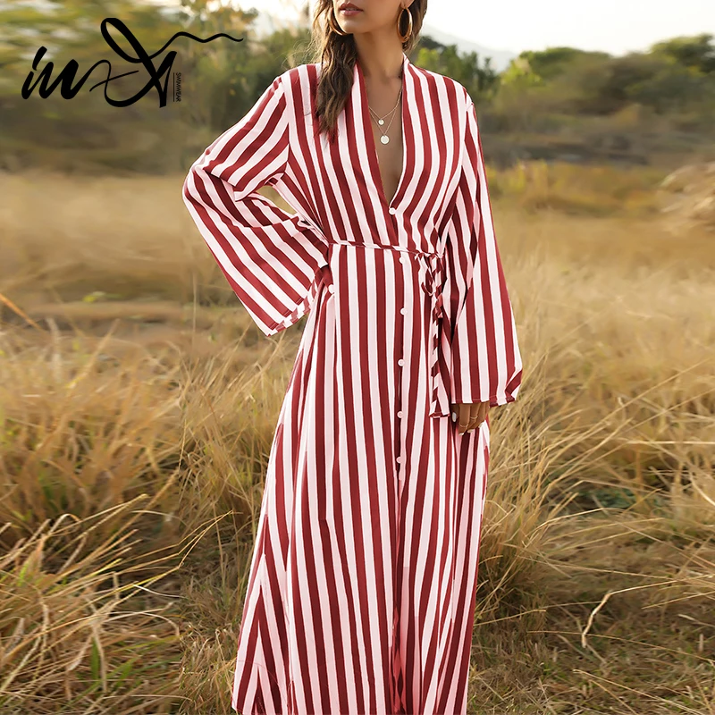 Длинный полосатый купальник In-X накидки на пуговицах Пляжное Платье женский