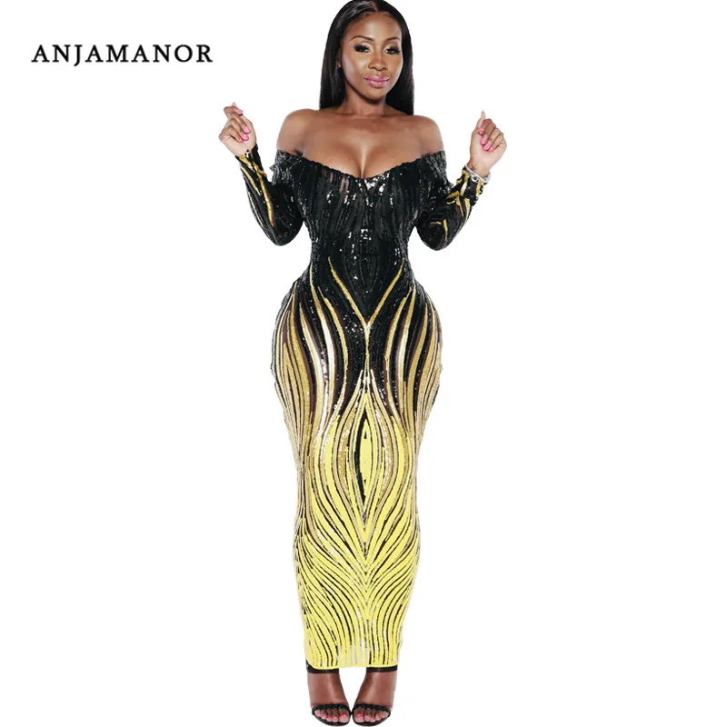 ANJAMANOR Sexy Сетчатое платье с открытыми плечами Платья макси длинным рукавом