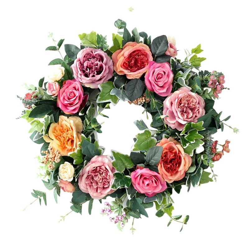 

Искусственный цветочный венок с зелеными листьями, весенний венок с розовыми пионами для передней двери, Свадебный декор