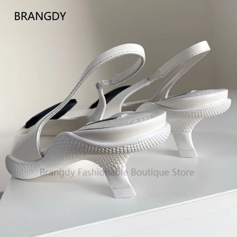

2021 New Leather Kitten-Heel Slingback Pumps Pointed Toe Two-Tone Nylon Gabardine Runway Shoes Elastic Band Party Woman Sandals