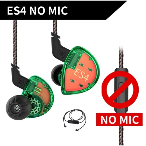 GreenNoMicBluetooth KZ ES4 наушники гибридные технологии единиц 1DD+ 1BA гарнитура в ухо Мониторы наушники HiFi бас шумоподавления наушники - Цвет: GreenNoMicBluetooth