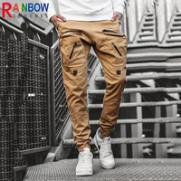 rainbowtouches cargo pants men all seasons multi zip pocket casual overalls youth fashion tight pencil pants superior quality
