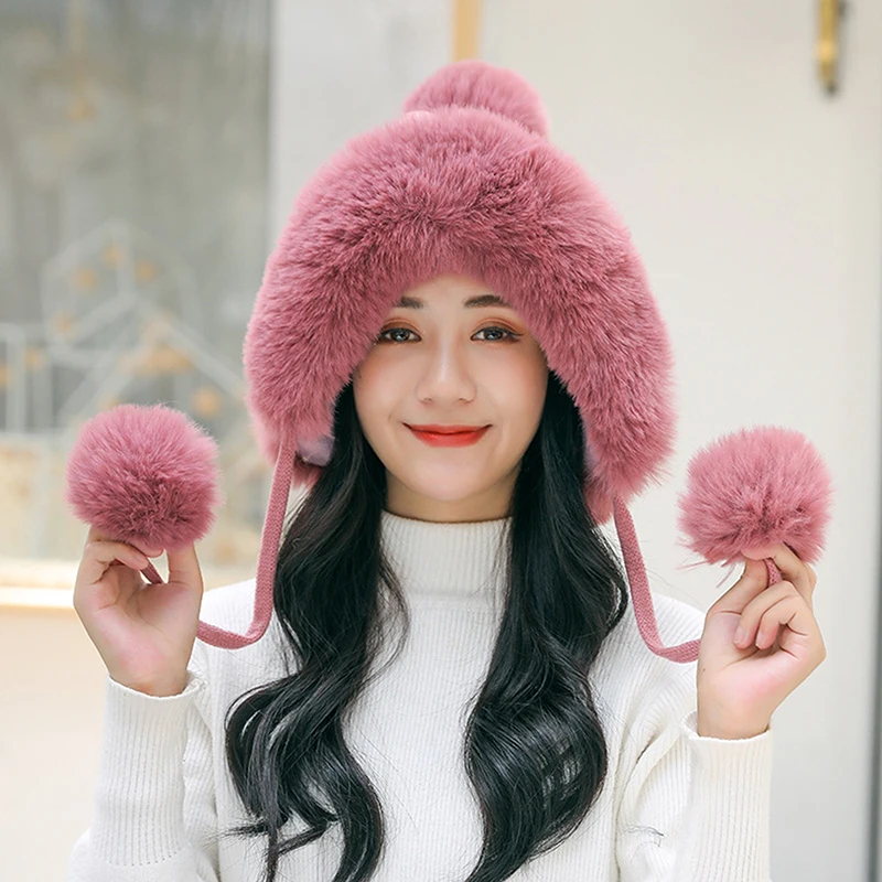 

Women Trapper Hats Winter Warm Faux Fox Fur Bomber Hat Beanies Russian Ushanka Wool Knit Pom Pom Earflaps Aviator Caps