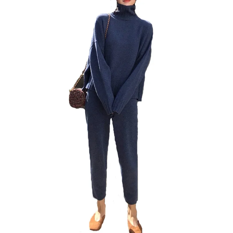 Women Loose Lazy Wind Knitting Suit Soild Color Woman Flavor Sleeve Head Sweater Match Leisure Pants Twinset | Женская одежда