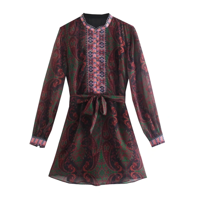 

Women Vintage Paisley Printing Sashes Mini Dress Female Long Sleeve Clothes Casual Lady Loose Vestido D8858