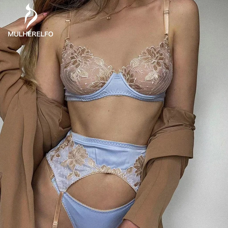 

Sexy Lingerie Women Lace Embroidery Erotic Underwear Set Underwire Push Up Bra Brief Sets With Garters Fancy Sensual Outfit