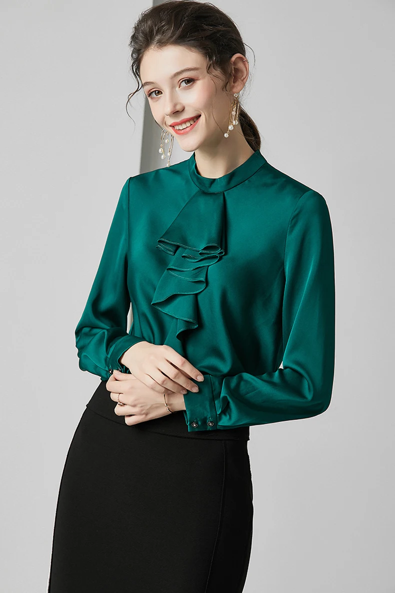 Женские Подиумные рубашки смесь из шелка с круглым вырезом и длинными рукавами