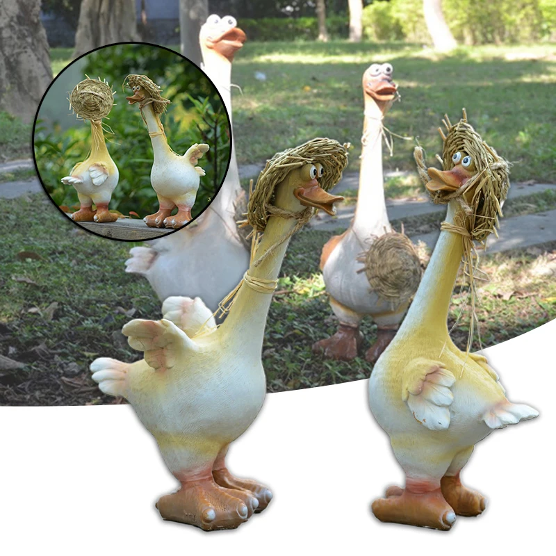 

2pc Garden Sculpture Resin Duck Straw Hat Garden Couple Duck Pond Landscaping Decorative Statue Courtyard Lawn Landscape PLDI889