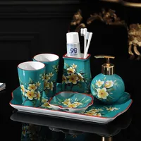Ceramic Bathroom Set Porcelain Gargle Cups Toothbrush Holder 5 Pieces Tray Wedding Gifts Lavatory Sanitary Ware Flowers Finished