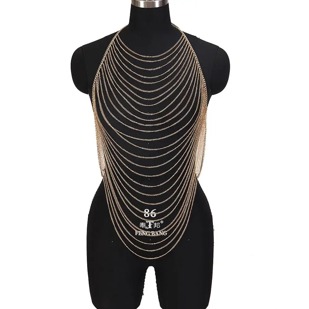 Золотой металлический шейный многослойный бандаж грудь сексуальный жгут