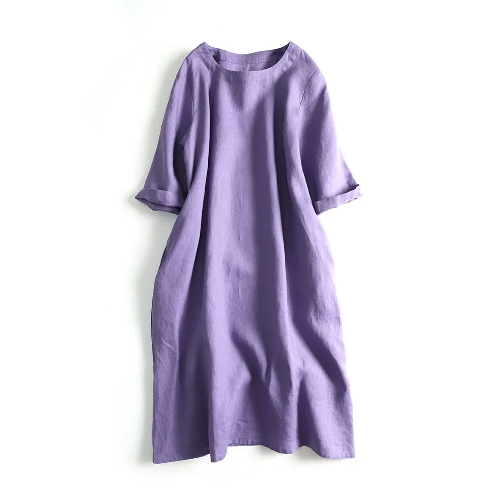 Однотонное льняное платье свободного кроя и облегающее из хлопка льна с 5