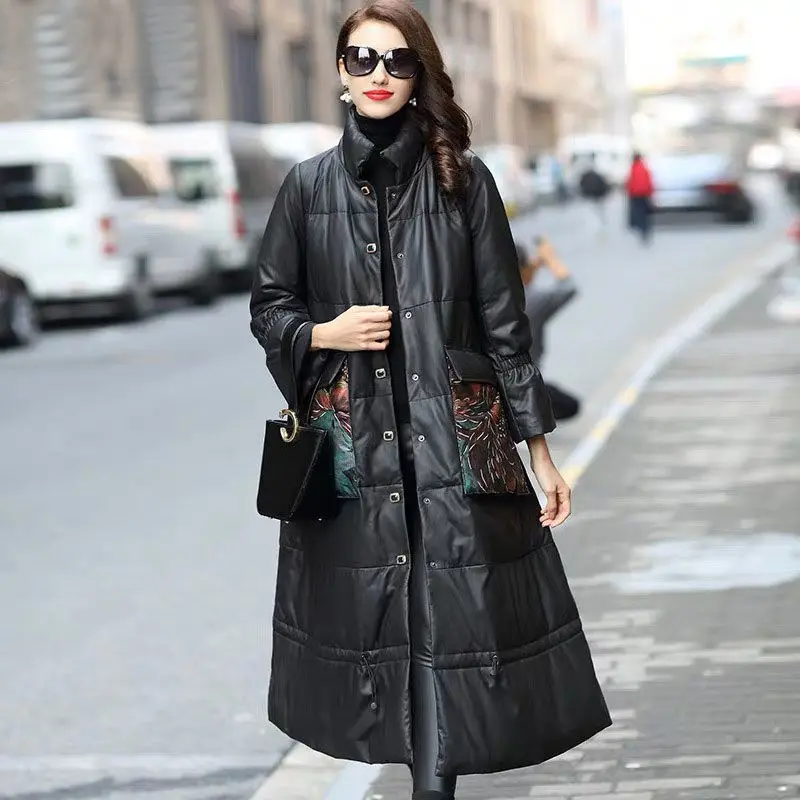 

100% пуховик из овчины, Осень-зима 2020, новая кожаная куртка Haining, женское длинное свободное повседневное пальто