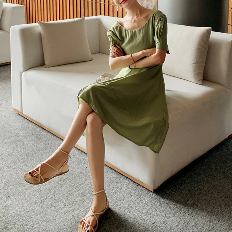 

Matcha Dresses for Women 2021 Summer New Silm Waist Temperament Sweet Fresh One Piece Elegant Backless Bow Vestido Feminino