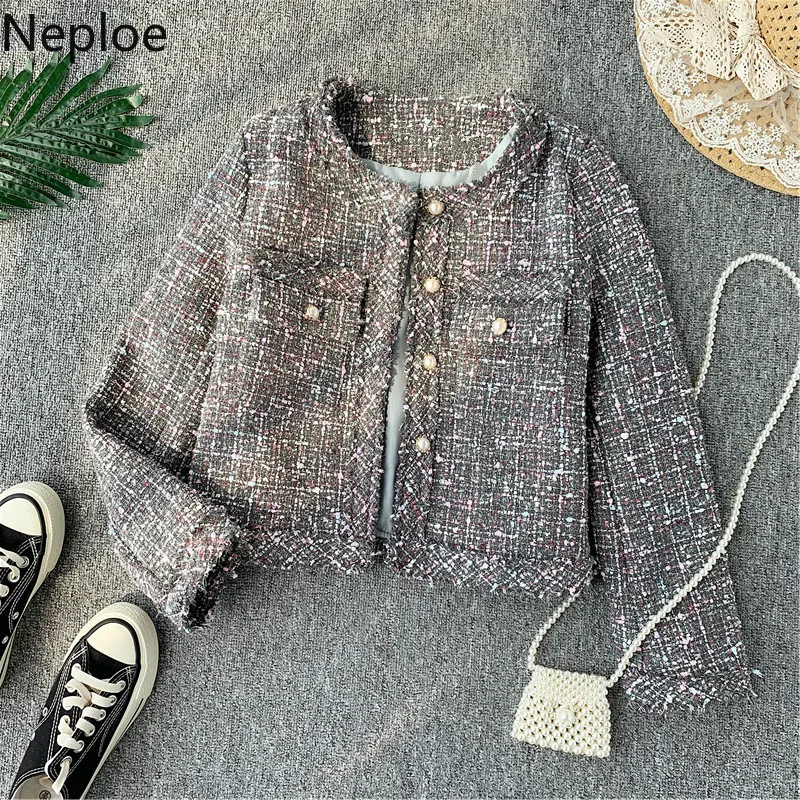 Женская твидовая куртка в стиле пэчворк с круглым вырезом | одежда