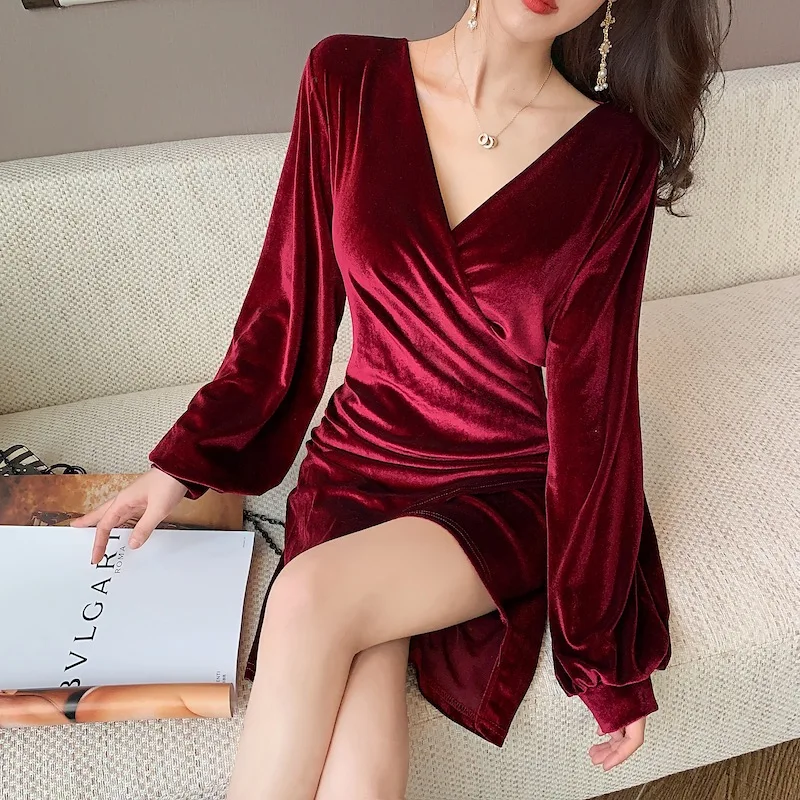 Женское бархатное платье с V-образным вырезом и длинным рукавом | Женская одежда