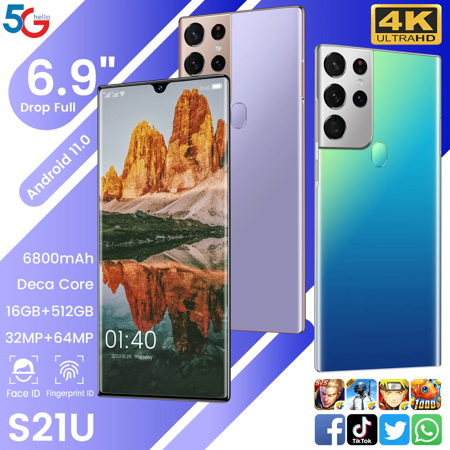 

New 100% Original S21U 6.9 Inch Screen 5G Android Phone 16GB 512GB 6800mAh Battery 32MP 64MP Camera Face ID MT6889 Cpu