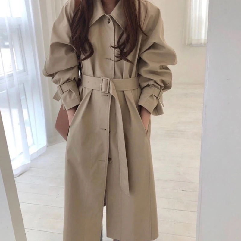 

Trendy Autumn Witner Women Khaki Long Trench Coat Casual Female Streetwear Single Breasted Chic Outwear Windbreaker with Belt