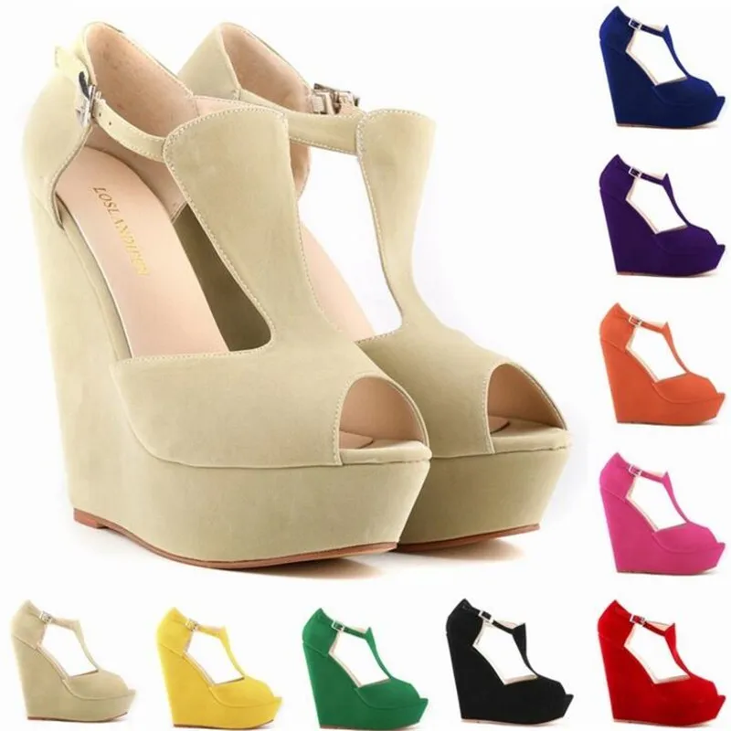 

Summer Platform Sandals Flock Women Peep Toe High Wedges Heel Ankle Buckles Sandalia Espadrilles Female Sandals Shoes