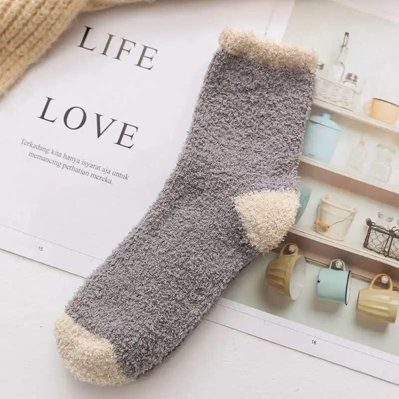 grey style 2 Утепленные женские кашемировые носки; милые плюшевые теплые домашние носки для сна; забавные женские носки; коралловые пушистые теплые носки для ног; Sokken meias - Цвет: grey style 2