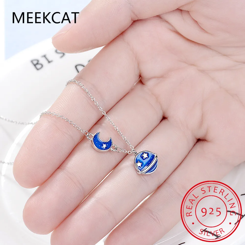 

Hot Sale 100% 925 Sterling Silver Blue Secret Planet Moon Star Necklace Pendant Creative Chain for Women Sterling Silver Jewelry