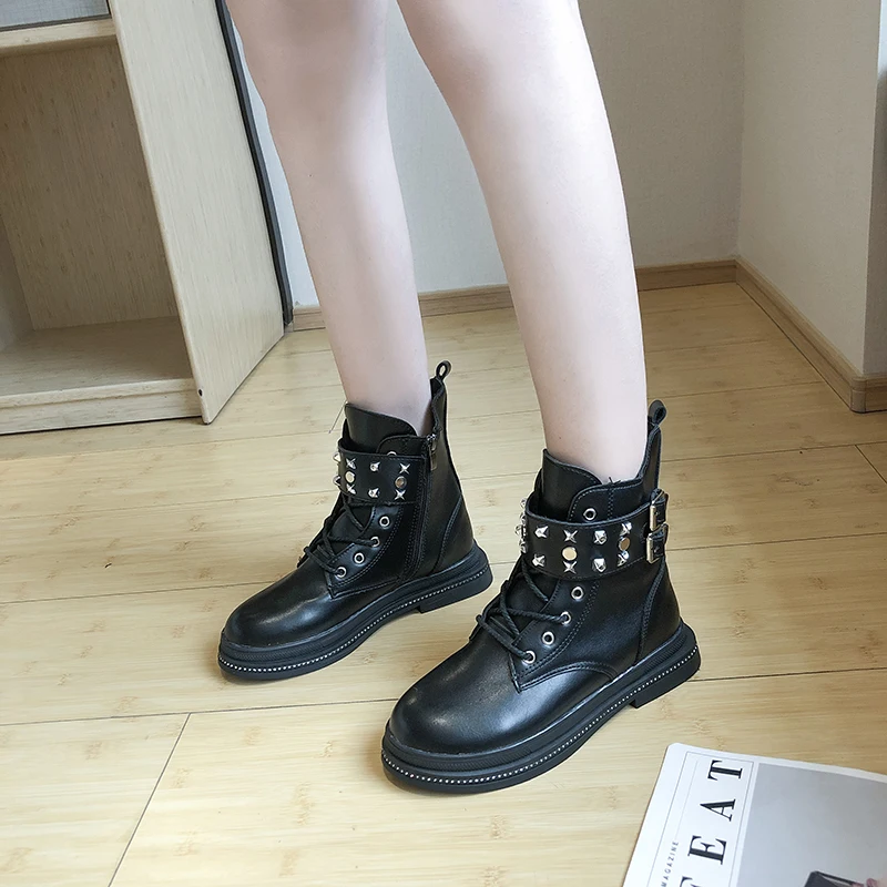 Women's Mid Calf Boots Rivets Shoes Low Heels booties Bootee Woman Booties Ladies Luxury Designer Round Toe Lace Up Rubber