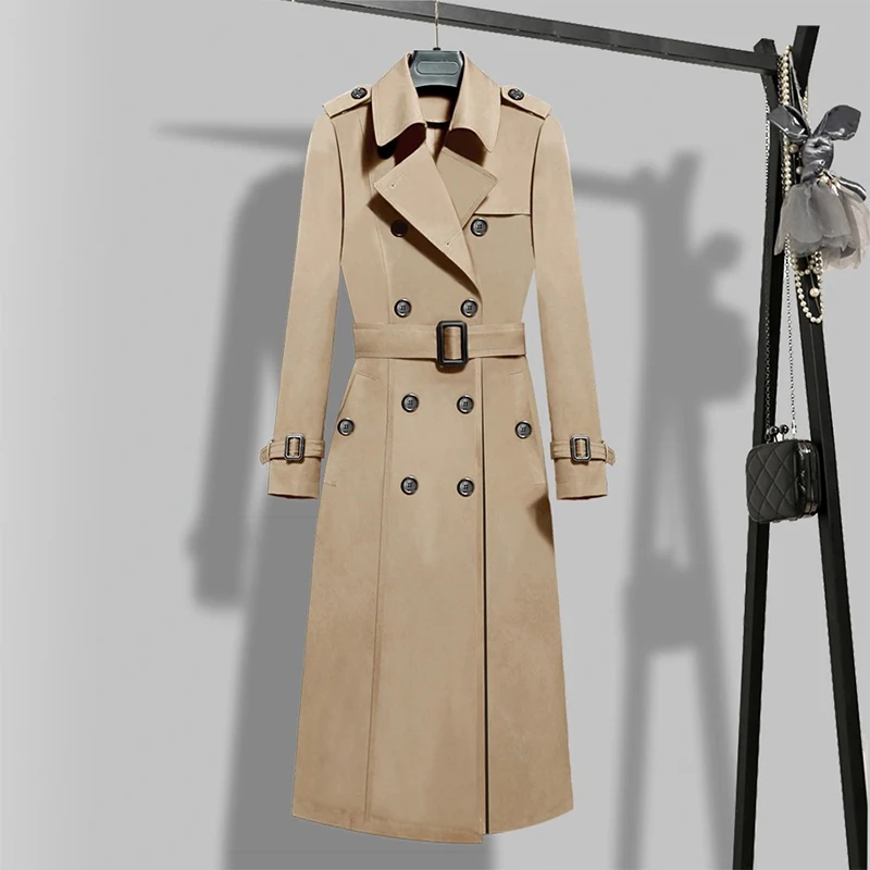 

Nowsaa New Autumn Winter Women Vintage Turn-down Collar Double Breasted Long Trench Casual Ladies Slim Trench with Belt 2021