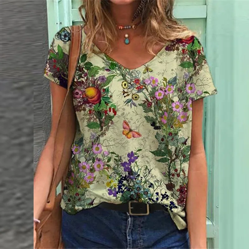 

Women Plus Size Casual Streetwear Printed Floral Short Sleeves T-Shirt Fashion Loose Ladies Tops