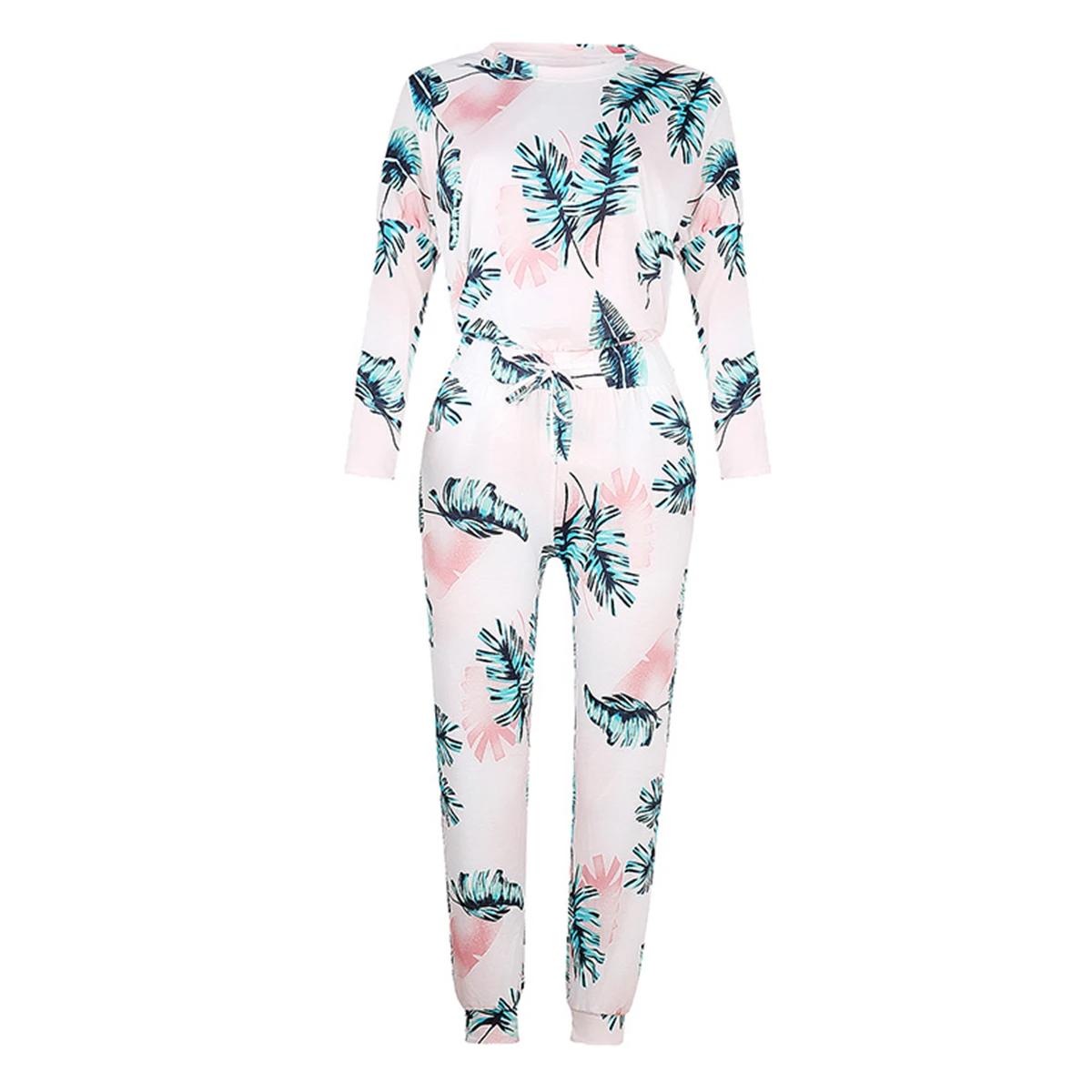 

Women's Loose Top Trousers Suit Round Collar Long Sleeve Elastic Home Gym Clothes Lace-up Pants