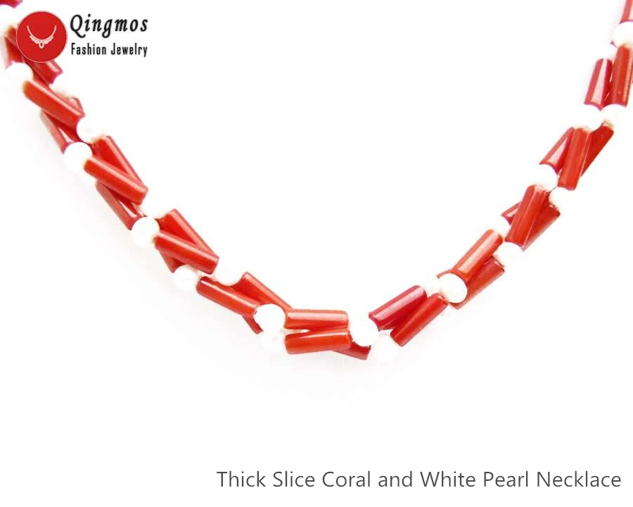 Qingmos Natural 3*9mm Thick Slice Red Coral Necklace for Women with 4mm Round White Pearl Jewelry 3 Strand Chokers 17'' | Украшения