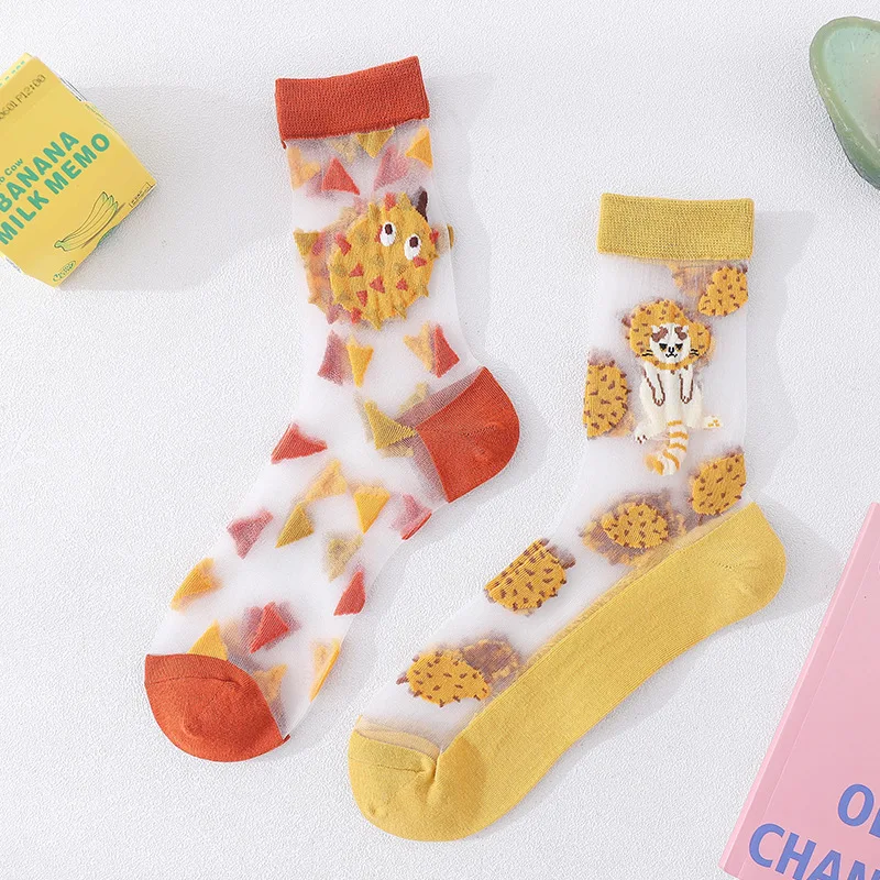

2 Pairs Summer Women's Socks Transparent Crystal Silk Tube Sock Ladies Kawaii Trendy Socks Avocado Fruit Cartoon Socks Pack 2021