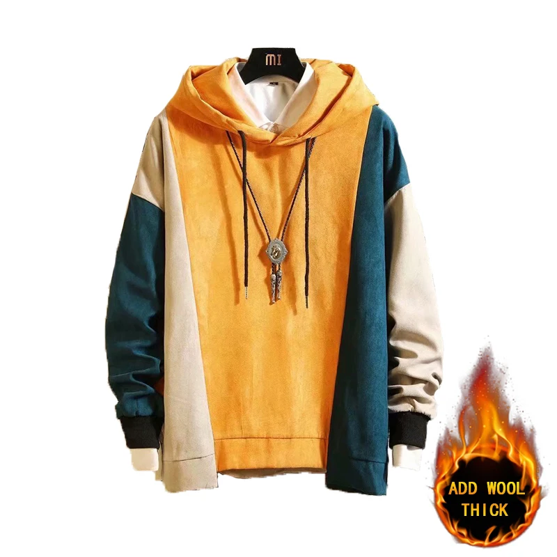 

Новая зимняя толстовка с капюшоном в стиле пэчворк, свитшот, Мужской Хлопковый пуловер в стиле хип-хоп, уличная одежда в японском стиле, одеж...