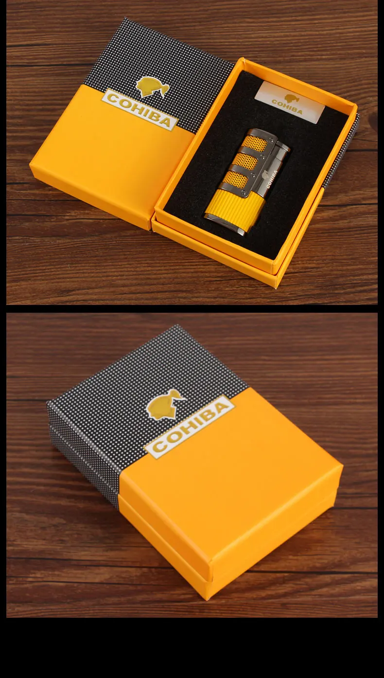 Зажигалка COHIBA металлическая карманная Бутановая Зажигалка для Сигар Зажигалка газовая ветрозащитная 3 струйная модная Зажигалка для Аксессуары для сигар W/Подарочная коробка