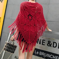 new women fashion handmade crochet vintage elegant wraps all match hollow out tassel cotton big shawl scarf cape outwear
