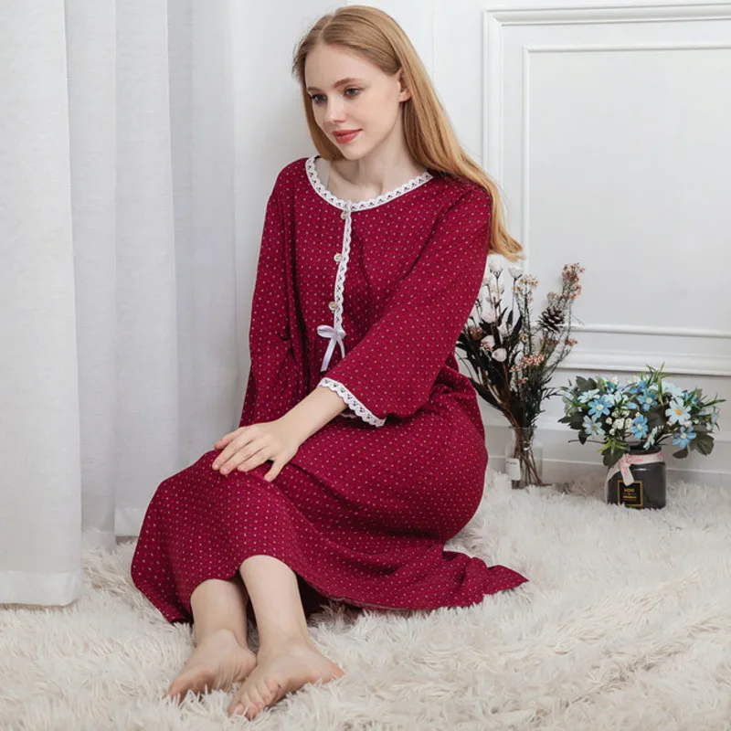 Spring Nightdress Women Cotton Long Sleeve Loose Nightgown Breathable Soft Homewear Sleepwear Sleepdress Long Home Clothes Women
