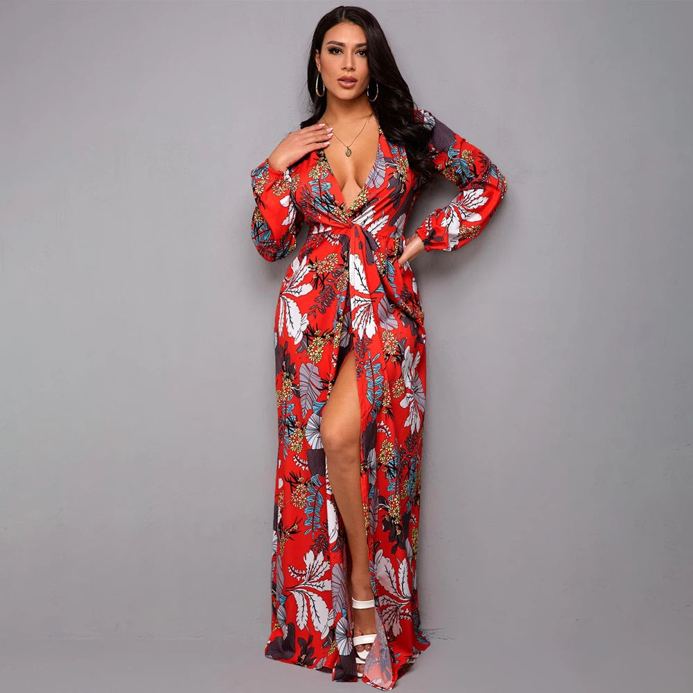 

2021 Summer Plus Size Sexy Dress Women Deep V-neck Split Robe African Print Floral Boho Dresses Ankara Dashiki Outfit Lady Wears