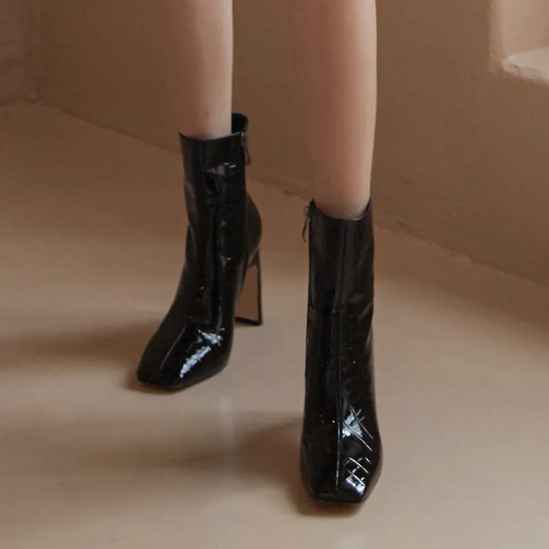 

Meotina Women Mid-Calf Boots Shoes Genuine Leather Super High Heel Boots Square Toe Chunky Heels Zip Short Boots Lady Black 40